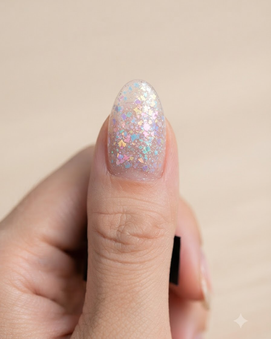 Ein grüner Buffer-Block wird vorsichtig um die Nagelhaut und den proximalen Nagelwall eines manikürten Fingers verwendet.