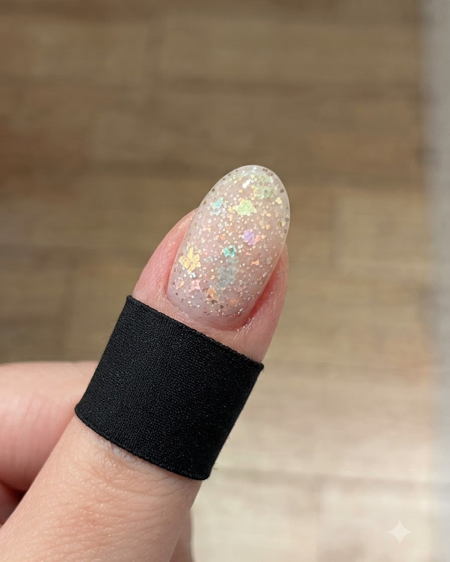 Ein Alkoholtupfer wischt die glänzende Oberfläche eines ausgehärteten Nagels ab, um Rückstände zu entfernen.