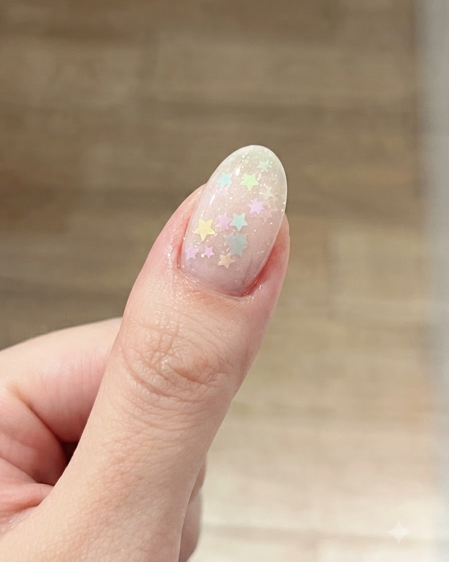 Ein Pinsel trägt eine zusätzliche dünne Schicht klares Base-Gel über das eingearbeitete Stern-Glitter-Design auf.