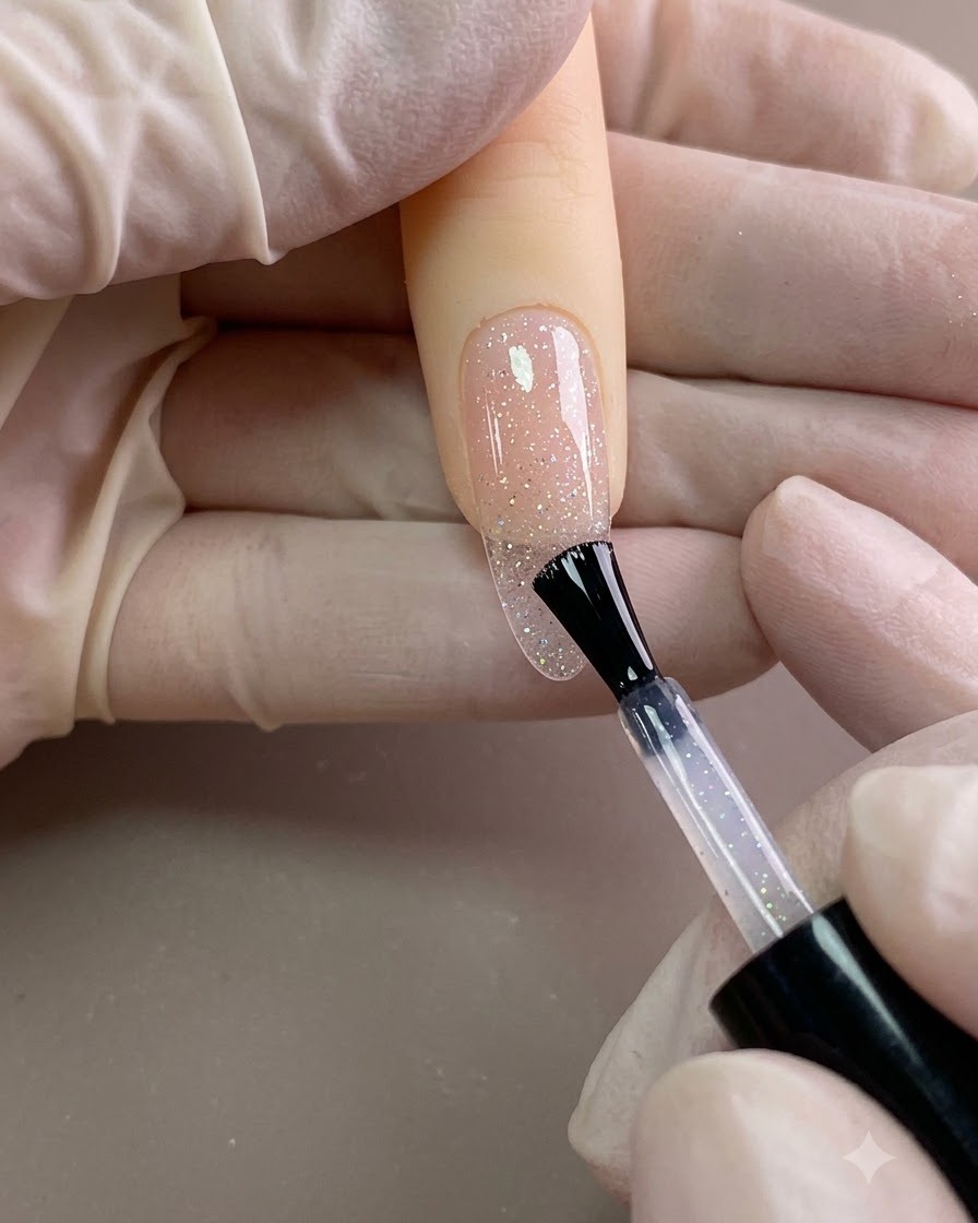 Ein Pinsel verteilt klares Aufbaugel auf einer transparenten Nagelspitze.