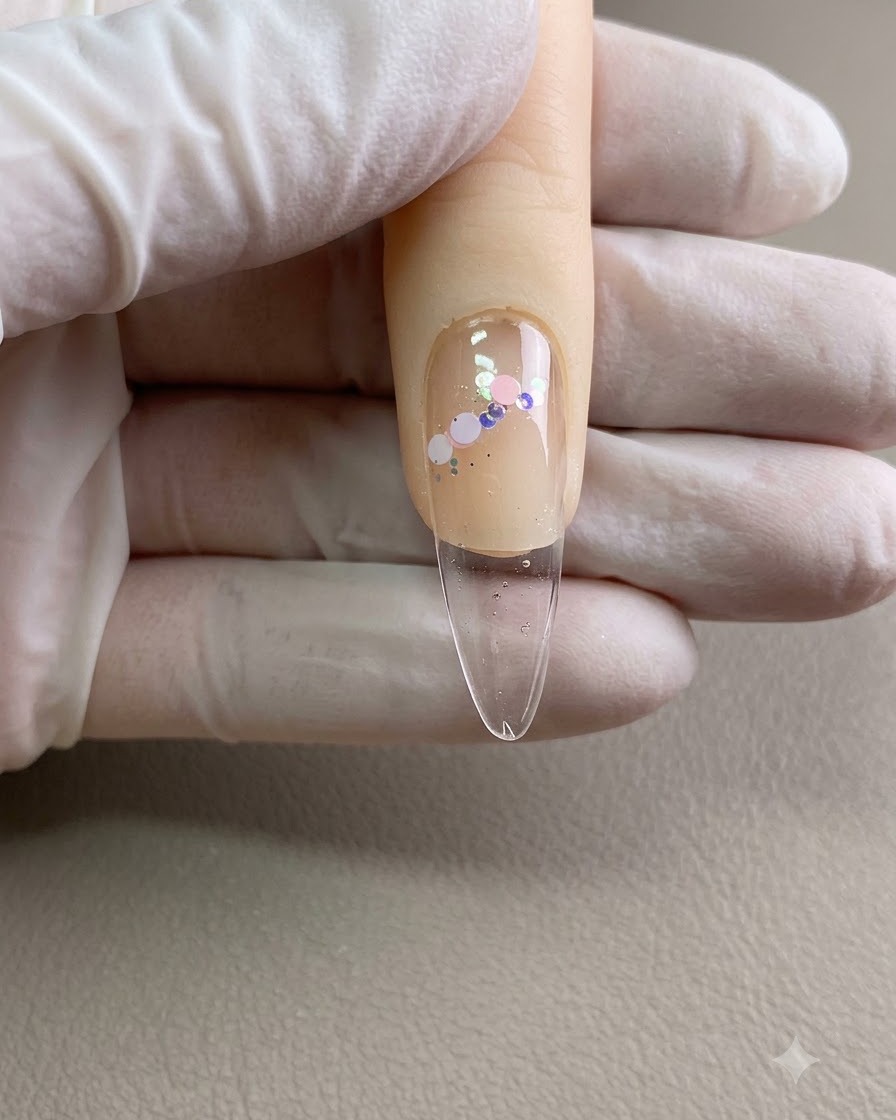 Eine Nahaufnahme von großen schillernden Pailletten, die auf feuchtes Nagelgel getupft sind.