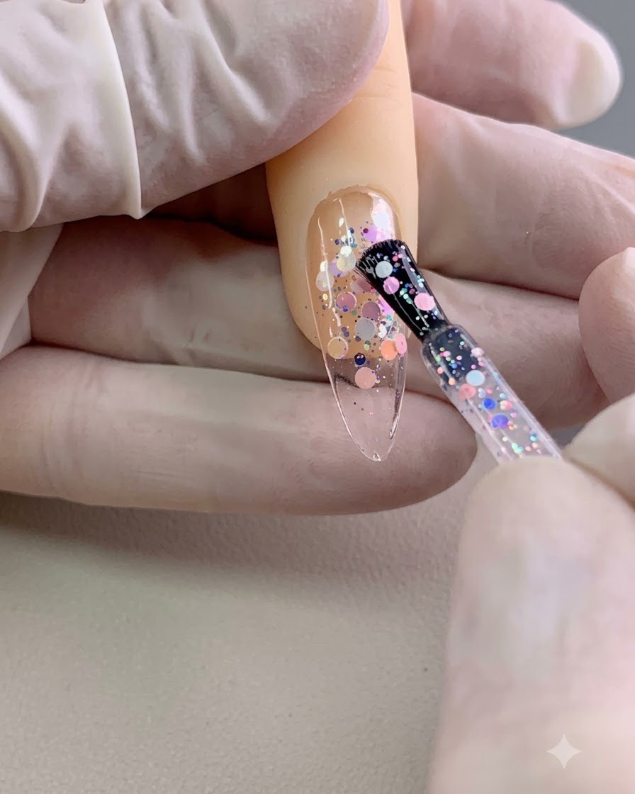 Ein Pinsel trägt eine dicke Schicht klares Gel über eingebettete Pailletten auf einem Nagel auf.