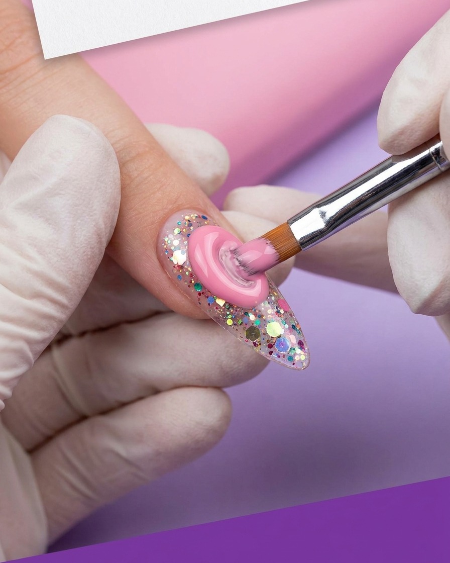 Ein Pinsel füllt rosa Gel um das Zentrumdesign auf einem Nagel aus.