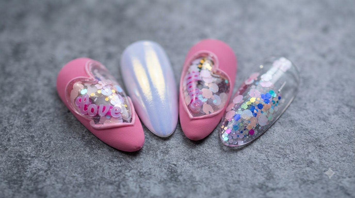 Matte Rosa Negativ-Raum-Herz-Nägel mit verkapselten Pailletten