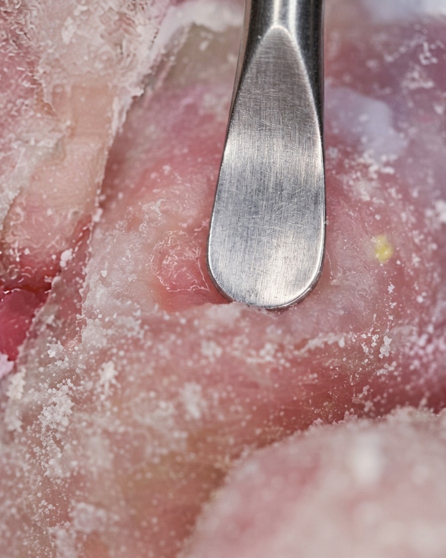 Makro zbliżenie metalowego narzędzia oczyszczającego i dopracowującego okolice skórek paznokcia pokrytego białym pyłem z piłowania.