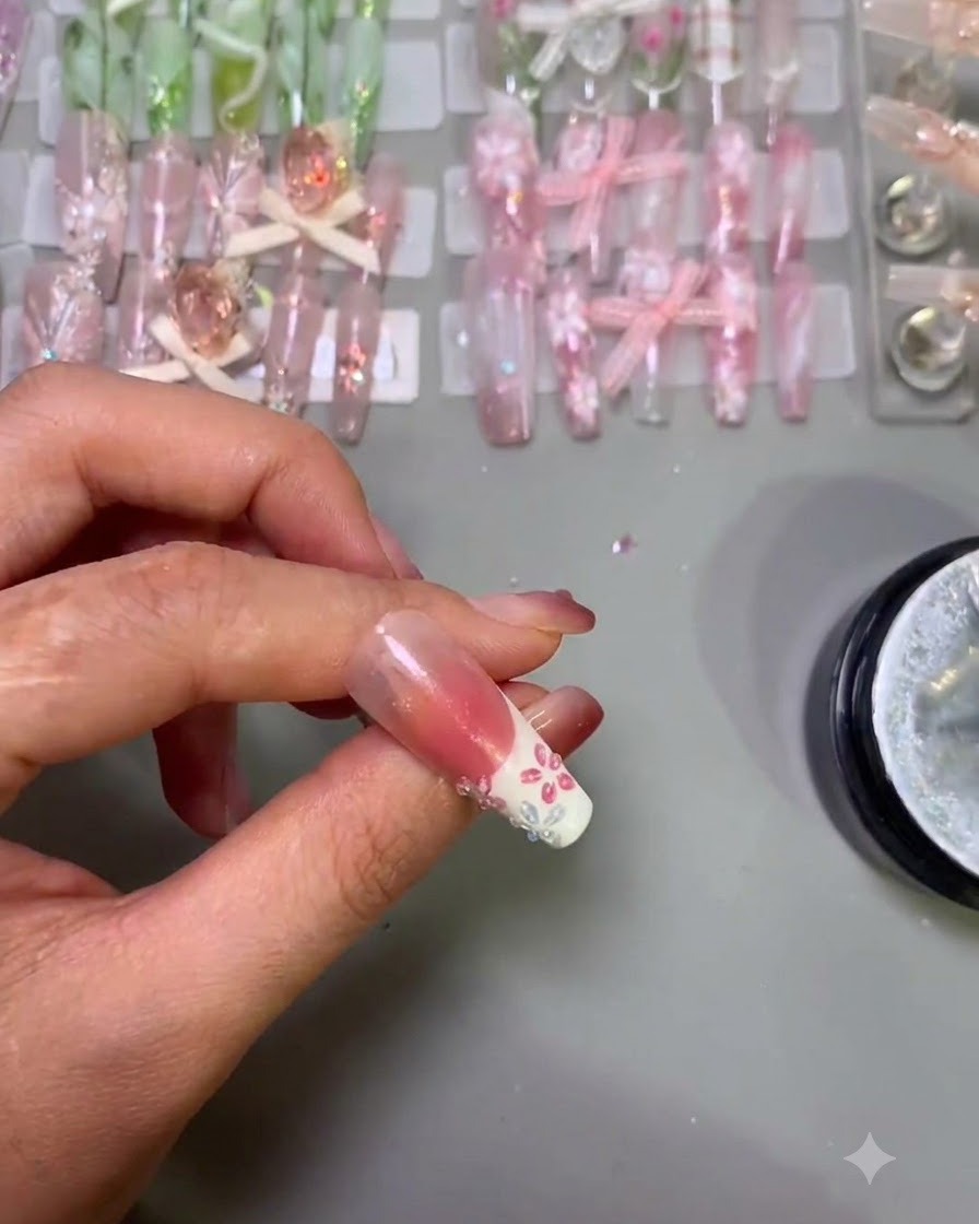 Pęseta trzymająca maleńką białą perełkę nad mokrym środkiem żelowym różowego kwiatka 3D na paznokciu.