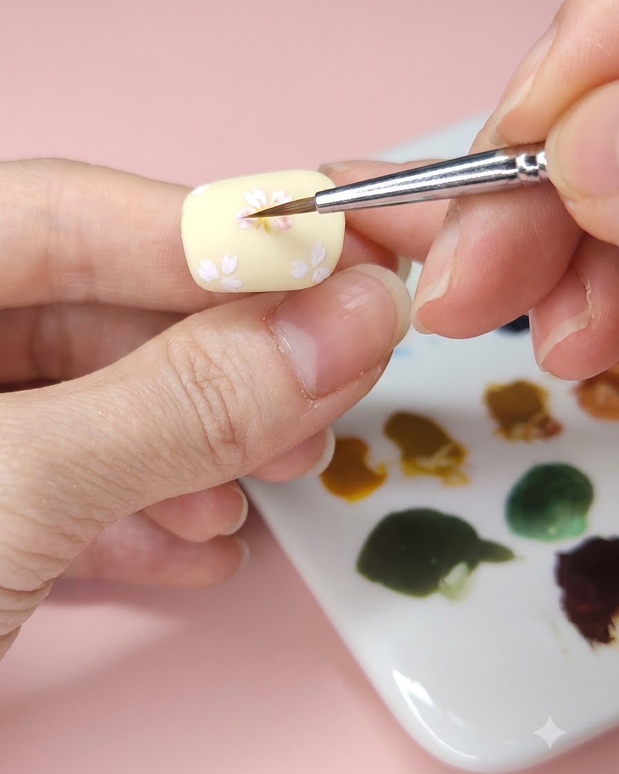 Cienki pędzelek do paznokci wklepujący jasnoniebieską akwarelę na powierzchnię jasnożółtego manicure.