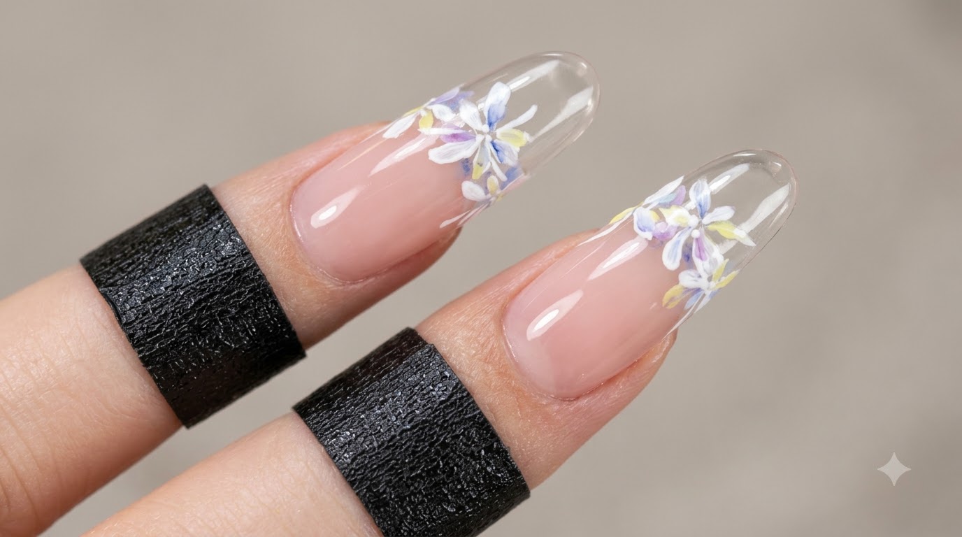 Przejrzyste paznokcie French Tip z warstwowym zdobieniem akwarelowymi kwiatami