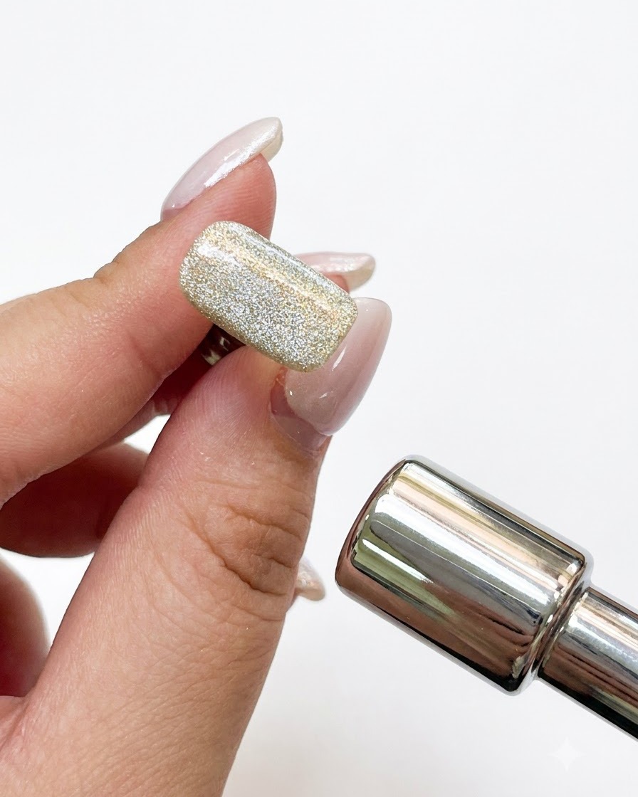 Metalowa różdżka magnetyczna trzymana blisko tipsa z mieniącym się żelem cat-eye w celu wyrównania cząsteczek magnetycznych.