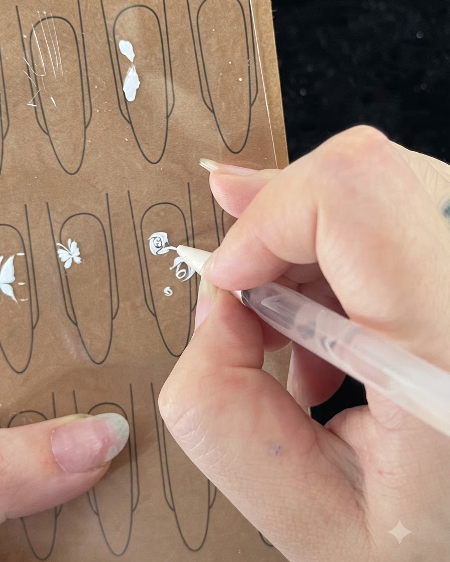 Zbliżenie pędzla do nail art rysującego cienkie trzecie pociągnięcie na namalowanym białym płatku róży.