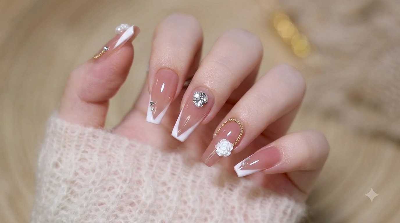 French White Rose Fairy Nail Art — Elegancki Ślubny Manicure Hybrydowy