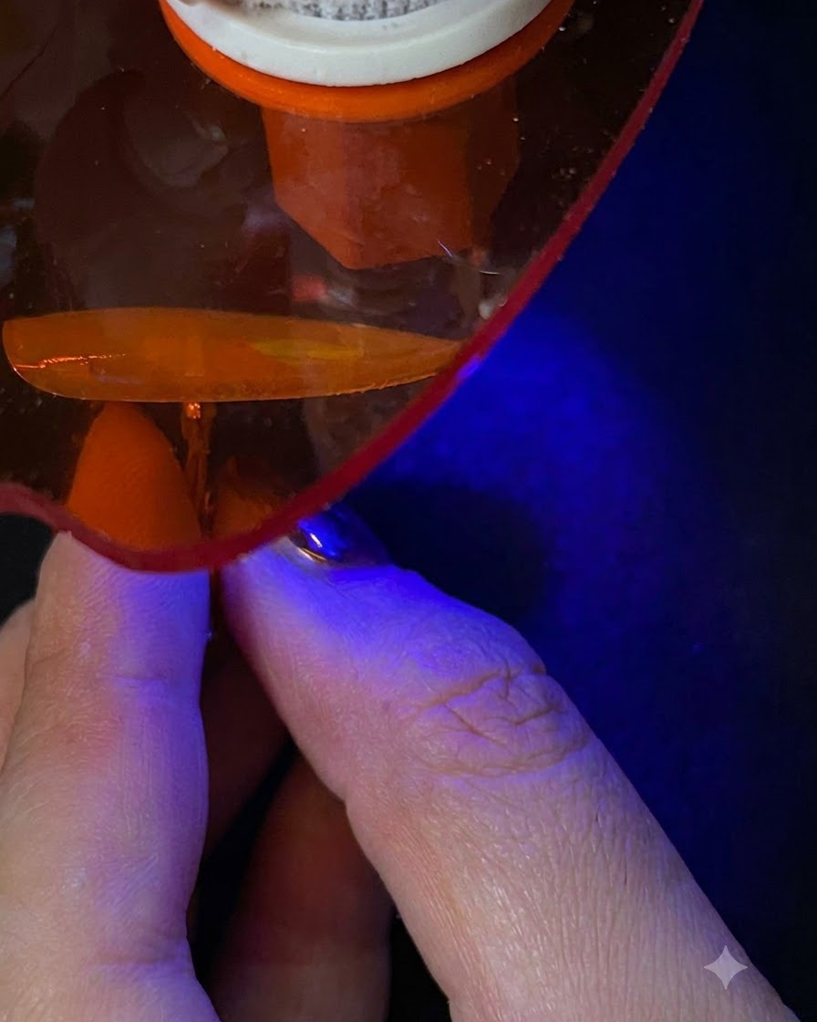 Przedłużony paznokieć umieszczony pod przenośną lampą UV/LED emitującą niebieskie światło.
