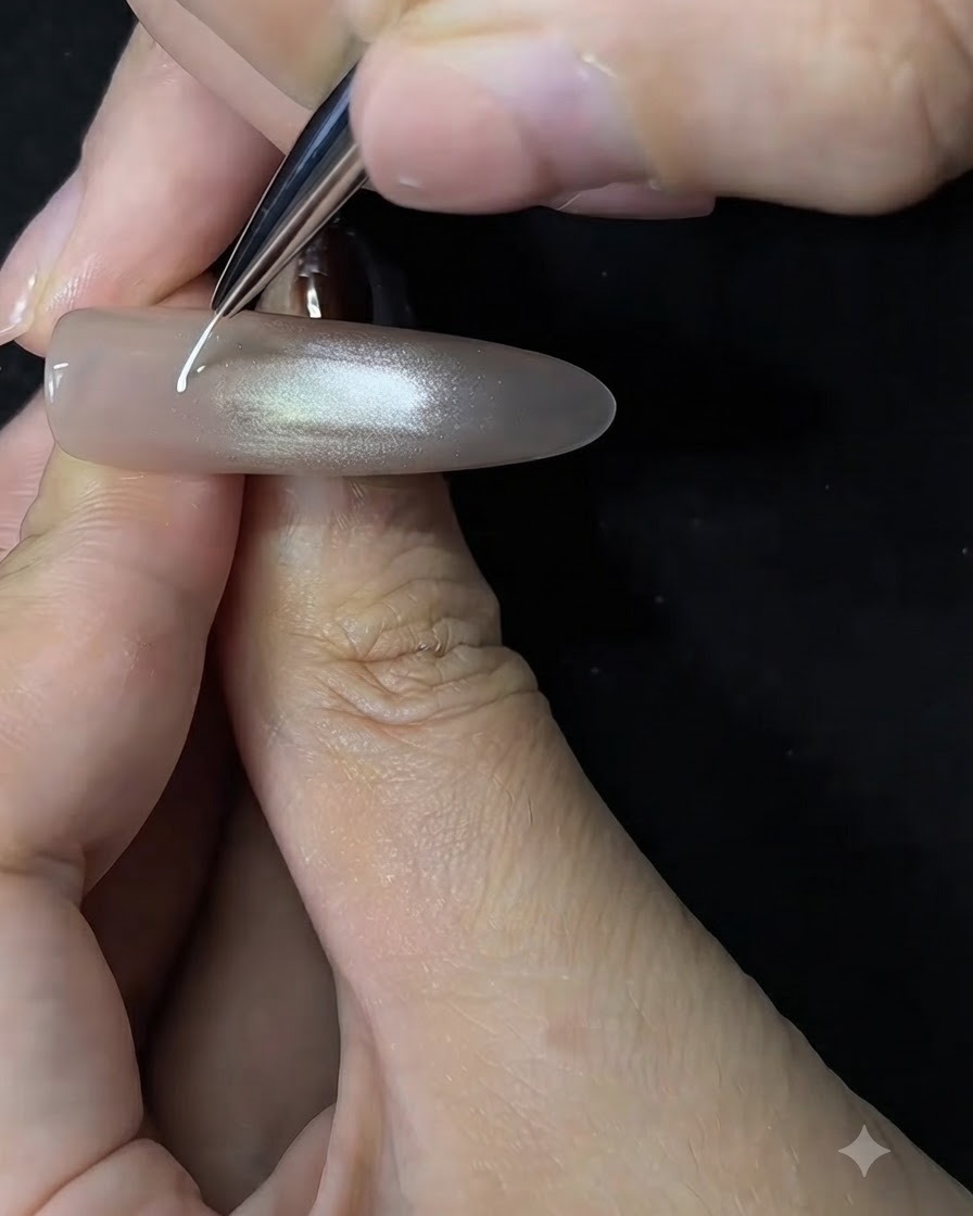 Cienki pędzelek do precyzyjnych zdobień rysujący małą białą spiralę na tle paznokcia cat-eye w odcieniu nude.
