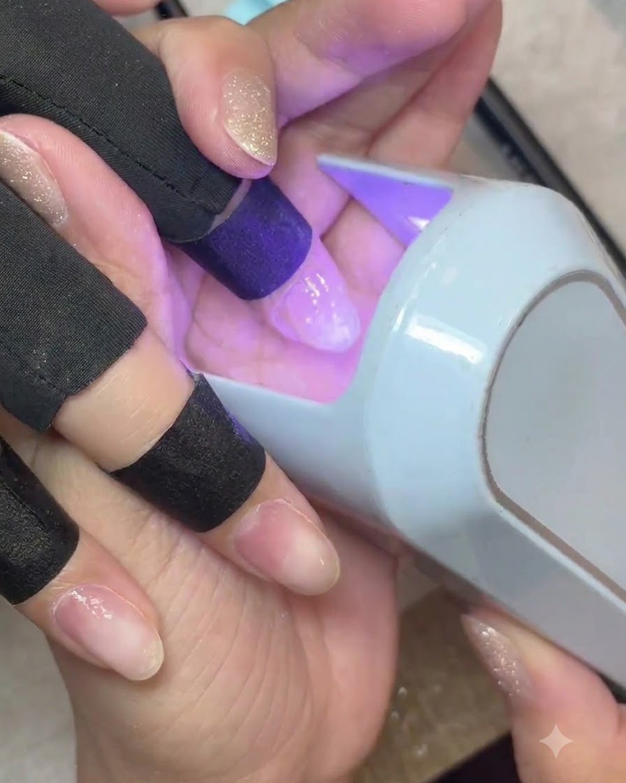 Palec umieszczony pod ręczną mini lampą UV/LED, utwardzający warstwę przezroczystej bazy.