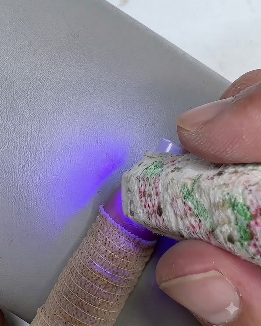 Zbliżenie na ręczną mini lampę UV/LED świecącą fioletowym światłem podczas utwardzania bazy żelowej na naturalnym paznokciu.