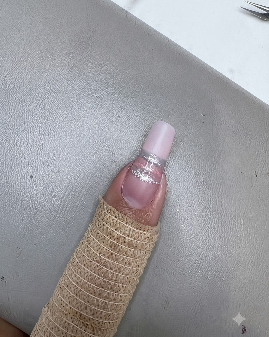 Paznokieć z niebieskim paskiem cat eye utwardzany pod mini lampą UV/LED.