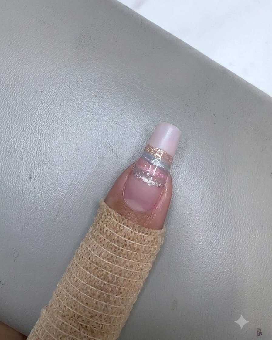 Prostokątny magnes trzymany nad szampańskim paskiem cat eye w celu wyrównania magnetycznego połysku.