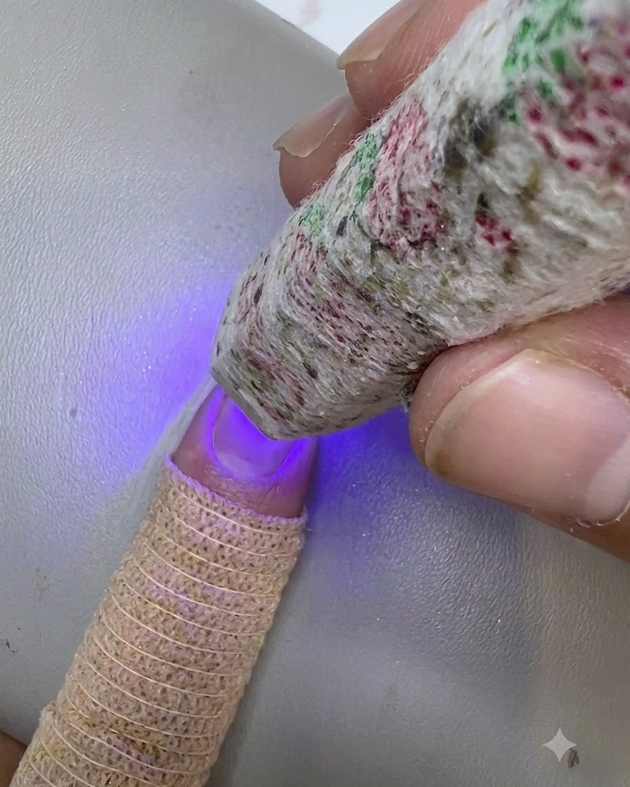 Mini lampa UV LED utwardzająca top coat na gotowym, ozdobionym paznokciu.