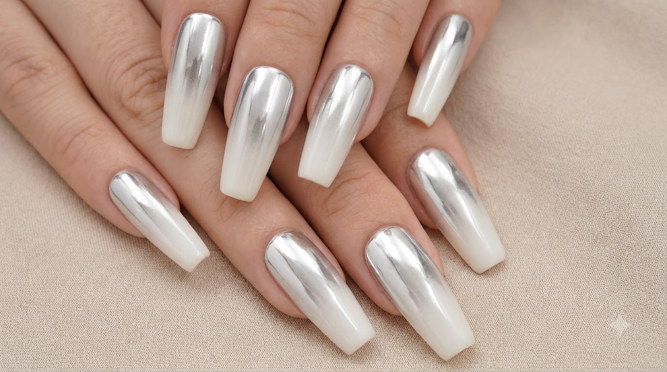 Srebrne paznokcie chrome z białym ombre — Tutorial krok po kroku