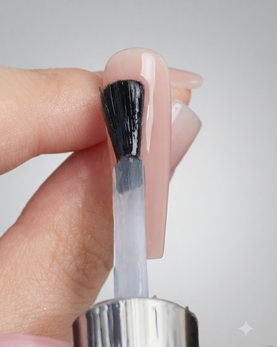 Pędzelek aplikujący przezroczysty top coat na przedłużony paznokieć w odcieniu nude.