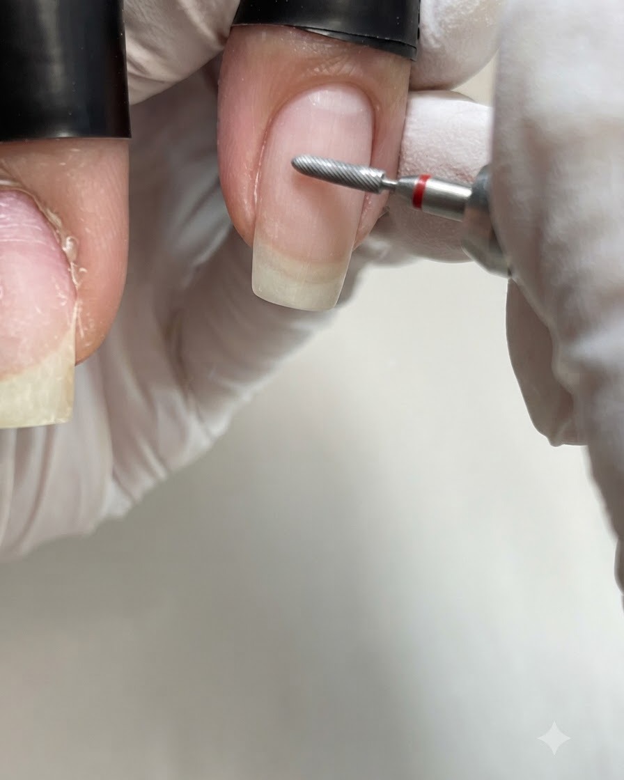 Cienki diamentowy frez typu płomień unoszący skórkę po lewej stronie paznokcia.