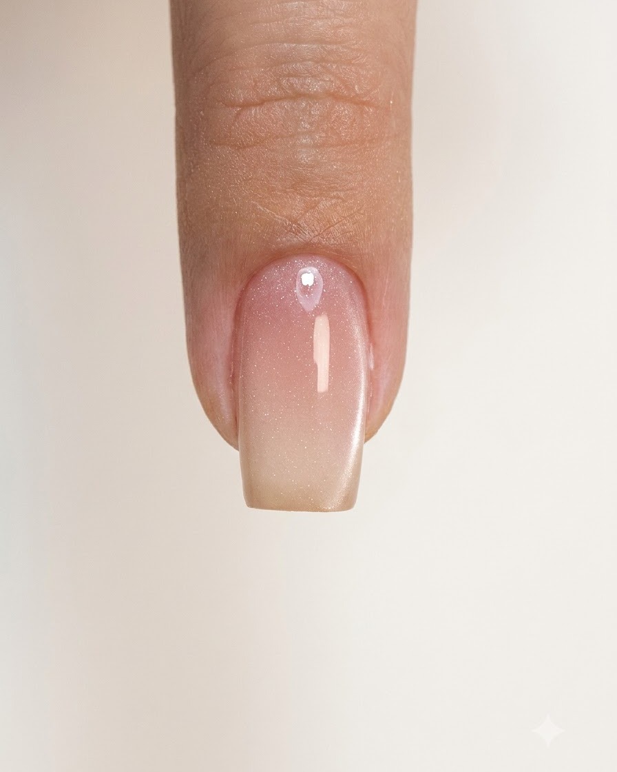 Pojedynczy paznokieć z utwardzonym gradientowym wykończeniem w odcieniu nude pink.
