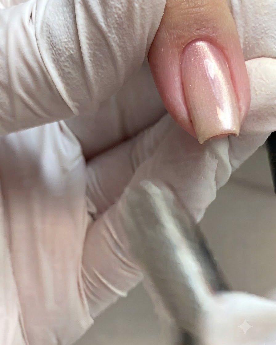 Dłoń dostosowująca narzędzie w pobliżu mieniącego się paznokcia cat-eye, aby udoskonalić refleks świetlny.