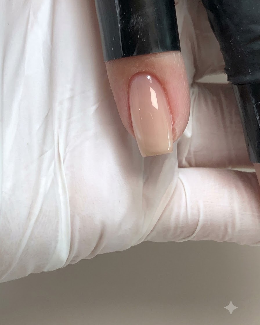 Zbliżenie palca z gotowym, błyszczącym żelowym paznokciem nude umieszczanym pod różową lampą UV/LED.