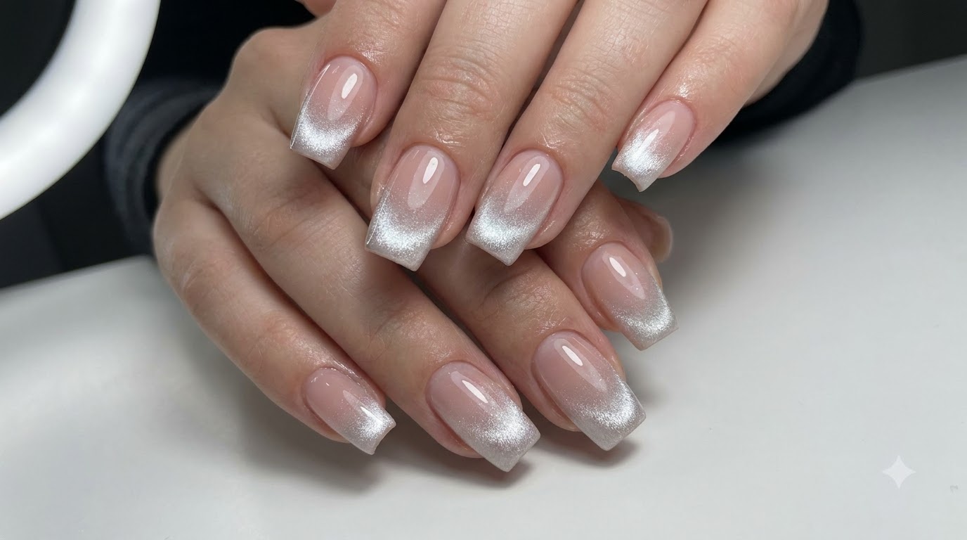 Paznokcie Nude Pink z Srebrnym Gradientem Cat-Eye — Krok po Kroku