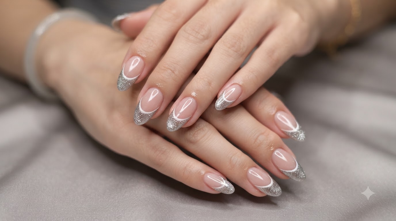 French Cat-Eye Glitter Nail Art: Błyszczący manicure z diamentowymi końcówkami