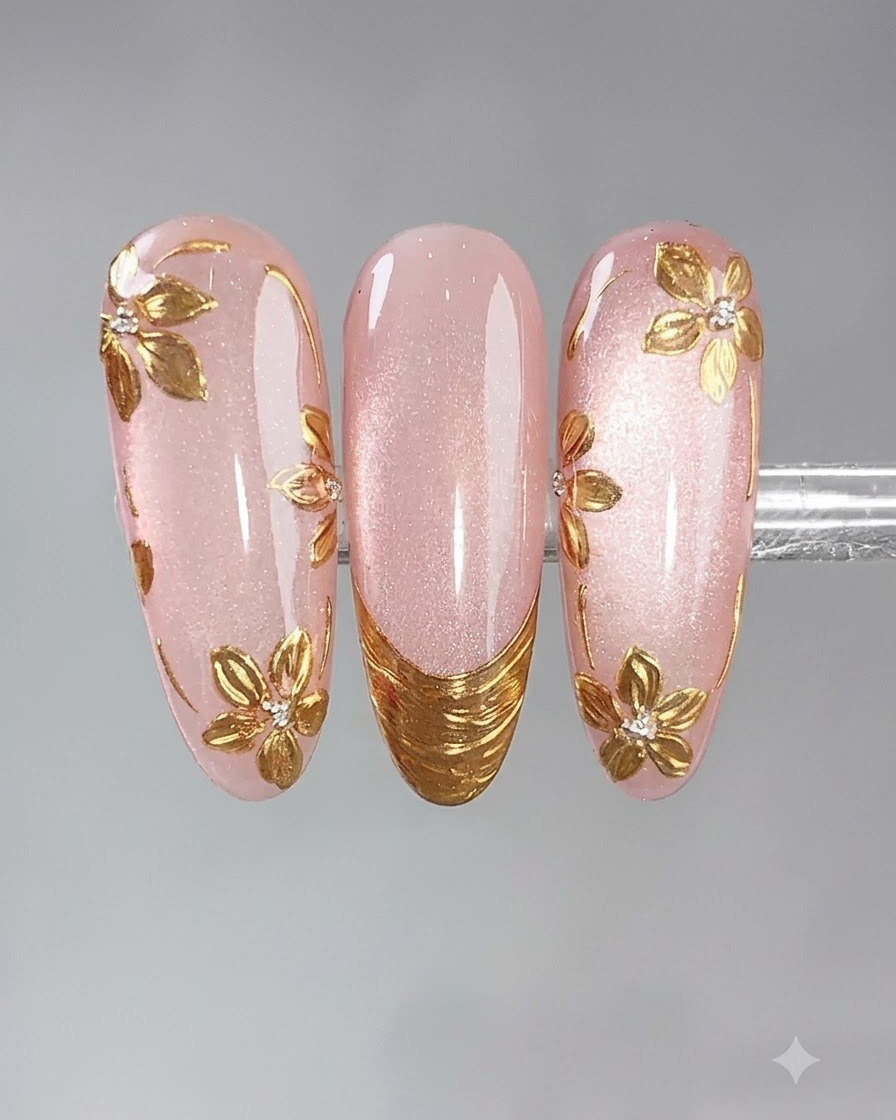 Pędzelek do nail art rozprowadzający błyszczący top na ozdobionych paznokciach.