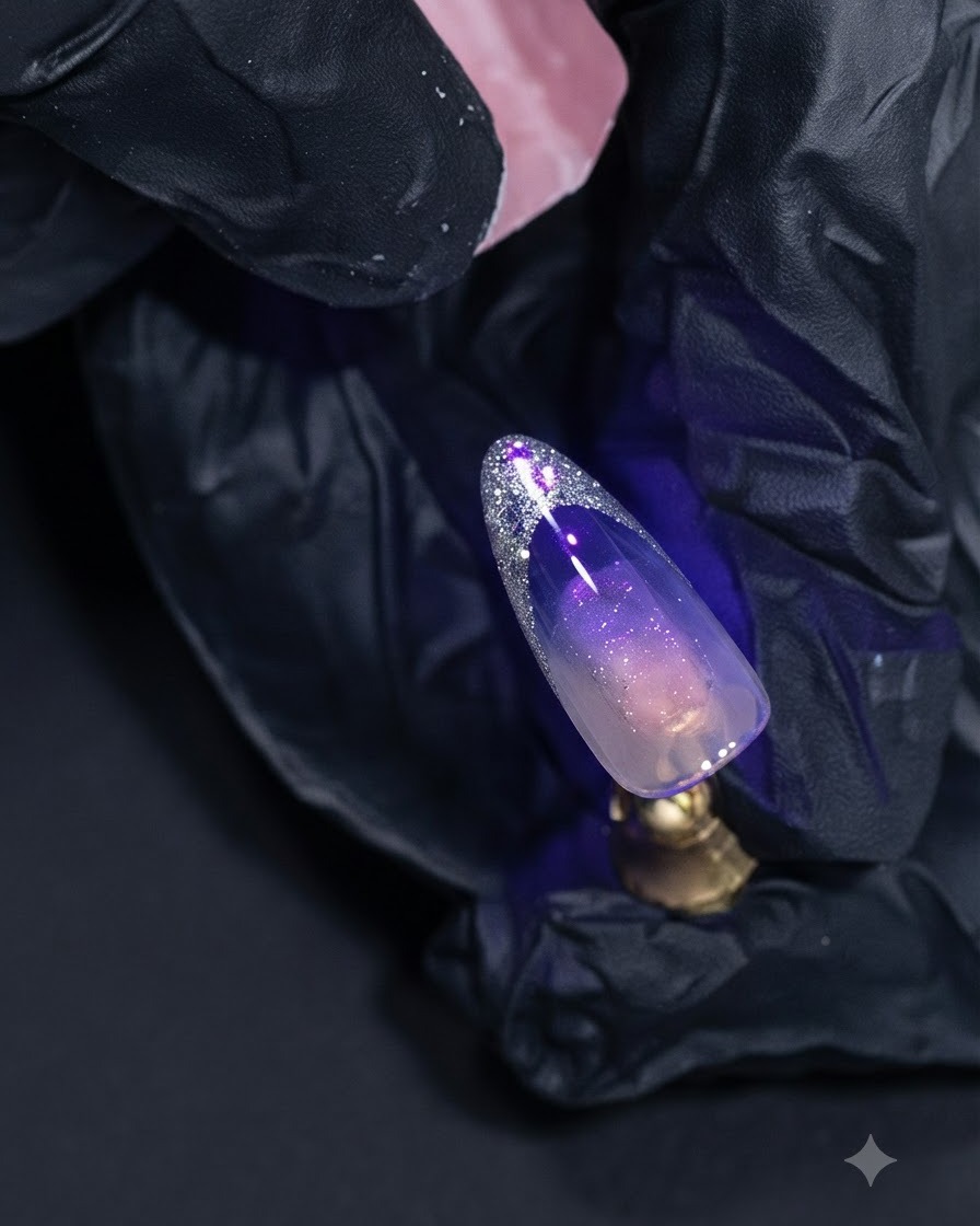 Paznokieć utwardzany w fioletowym świetle lampy UV, na którym jasno błyszczy srebrna końcówka french.