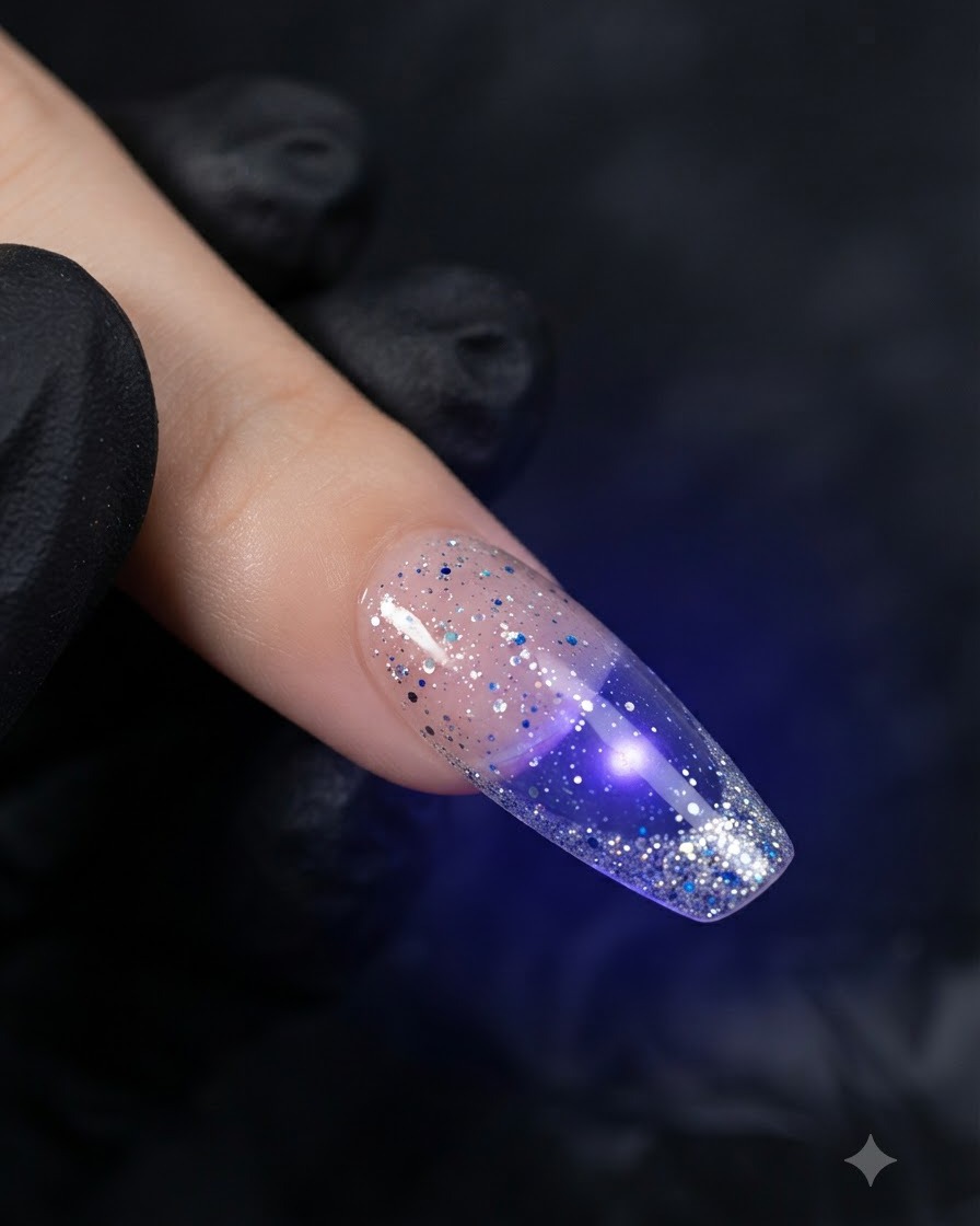 Zbliżenie na paznokieć ze srebrnym brokatem pod fioletowym światłem lampy UV/LED podczas procesu utwardzania.