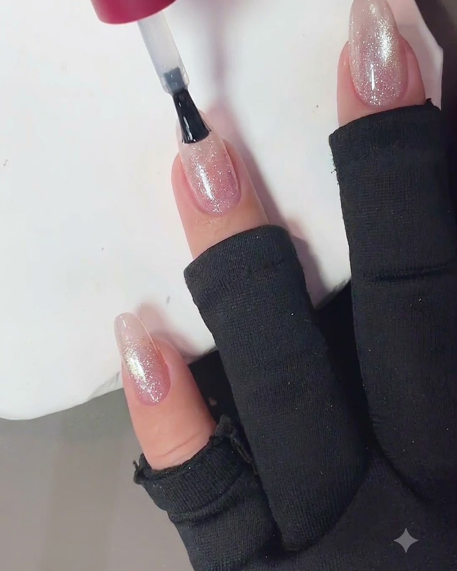 Pędzelek aplikujący błyszczący top coat bez przemywania na wykończony różowy paznokieć crushed diamond cat eye.