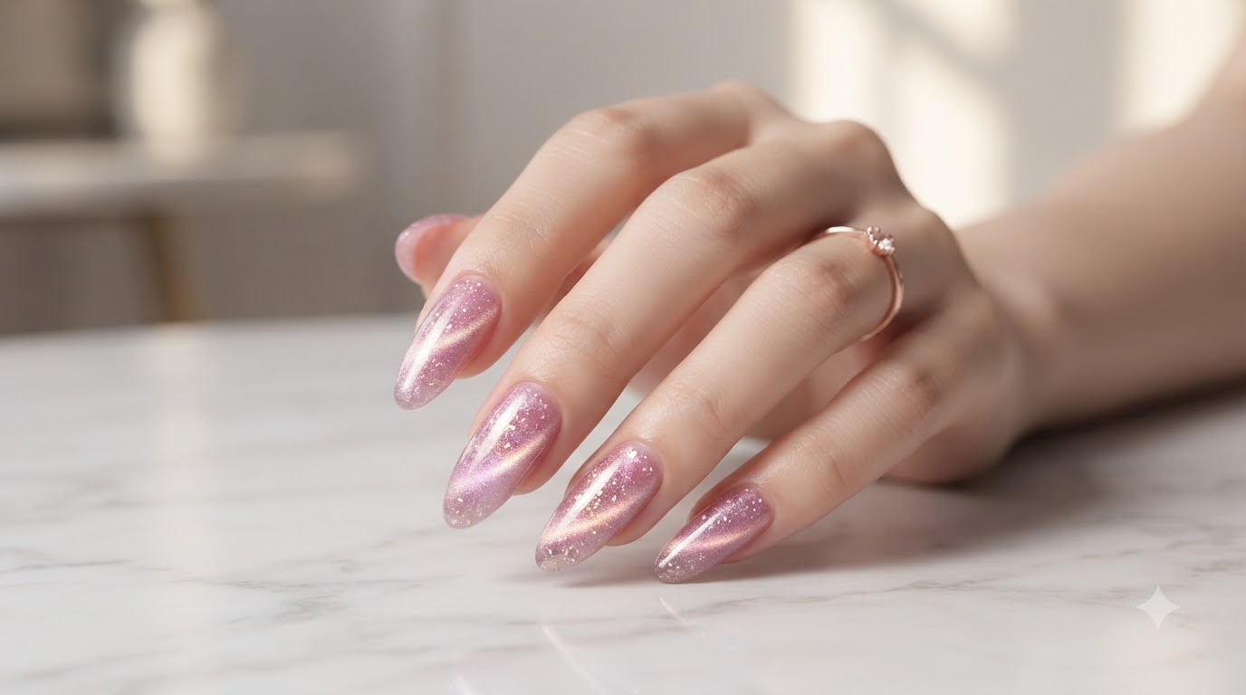Różowe Paznokcie Cat Eye z Diamentowym Pyłkiem — Krok po Kroku