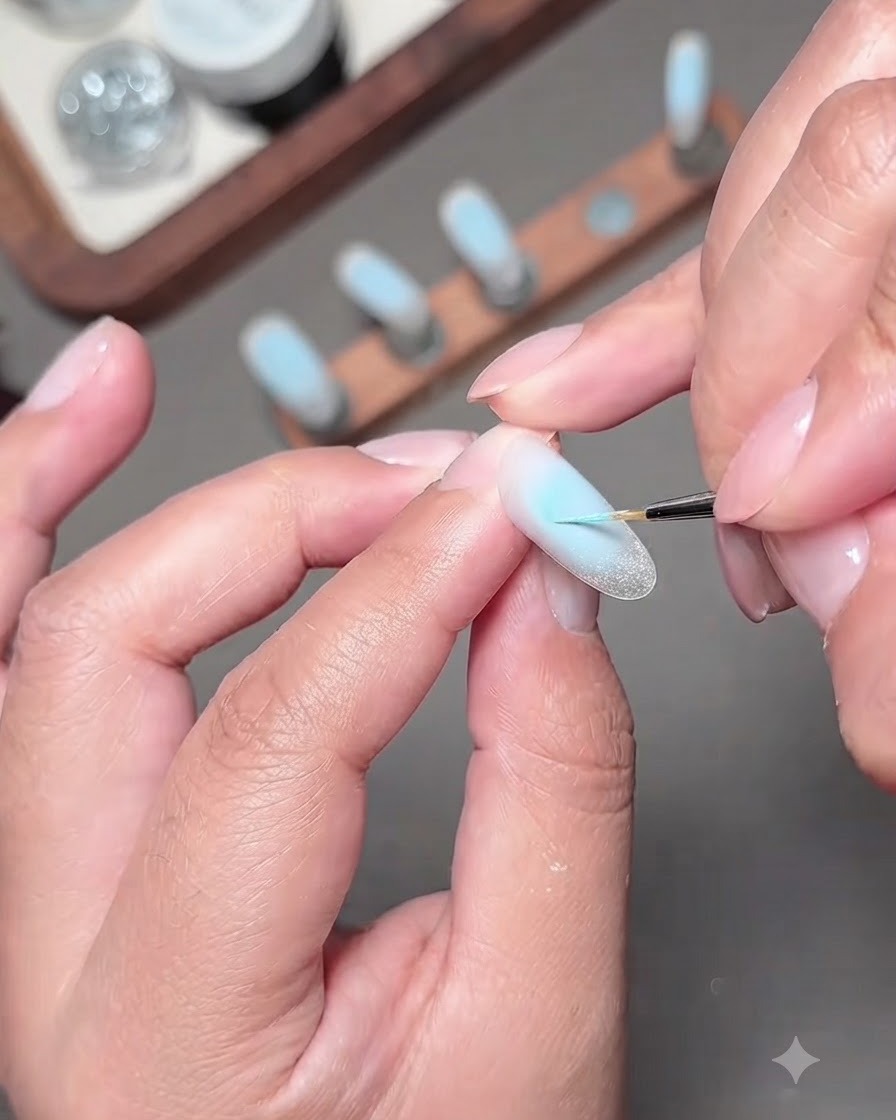 Cienki pędzelek do nail artu malujący delikatny wzór niebieskiej kokardki motyla na powierzchni paznokcia.