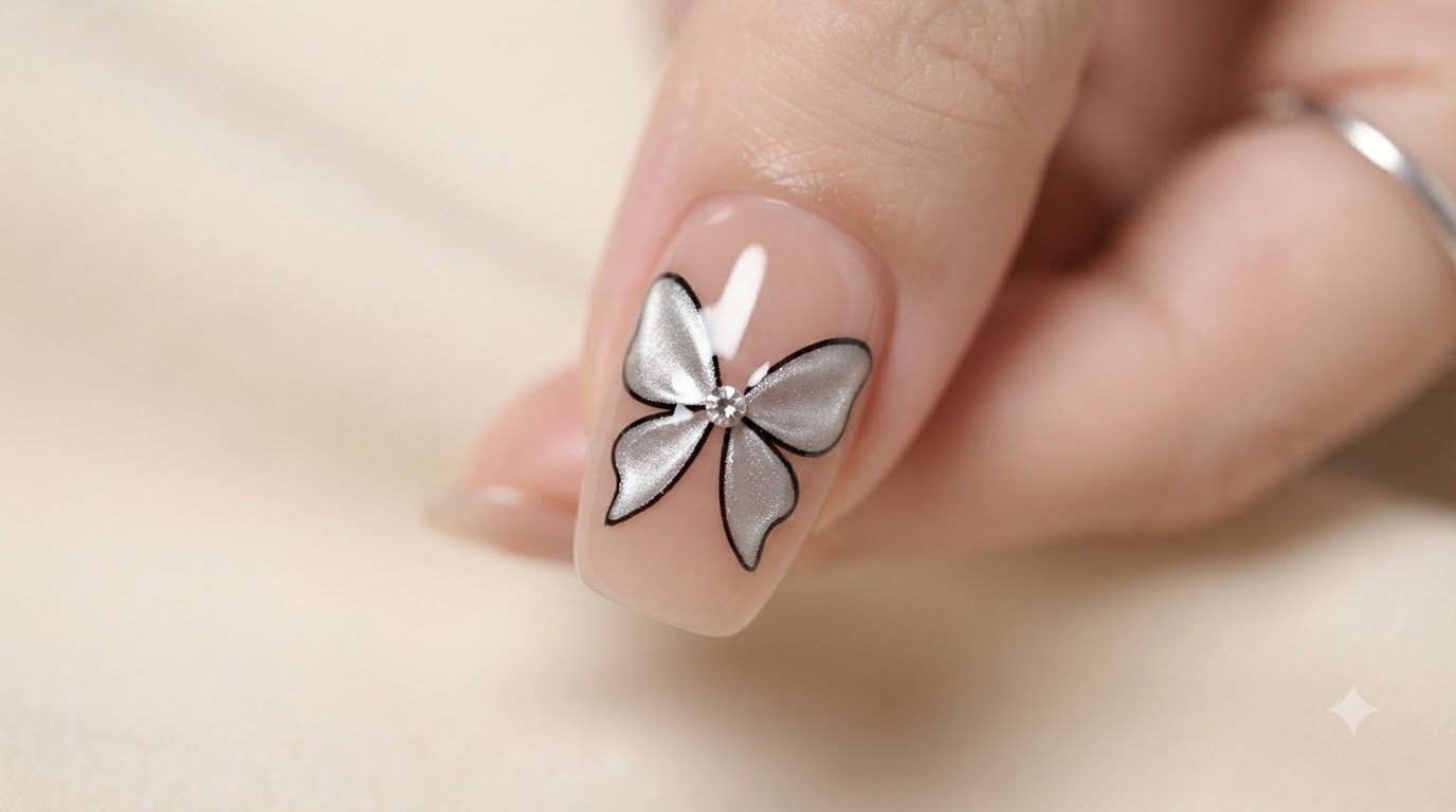 Srebrny Manicure Cat-Eye z Motywem Motyla — Instrukcja Krok po Kroku