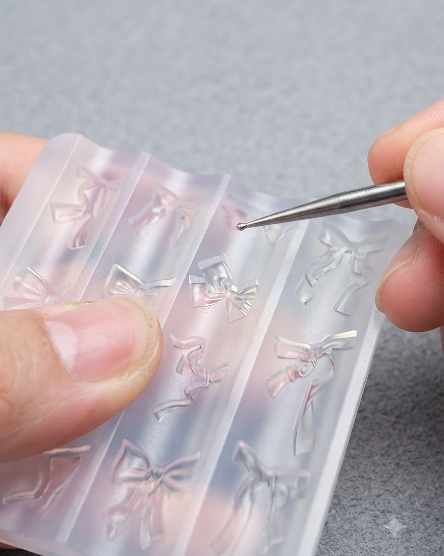 Pęseta podnosząca przezroczysty element kokardki 3D z silikonowej formy do zdobień paznokci.