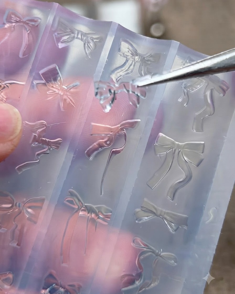 Para metalowych pęset ostrożnie podnosząca przezroczystą, utwardzoną kokardkę 3D z silikonowej formy do paznokci.