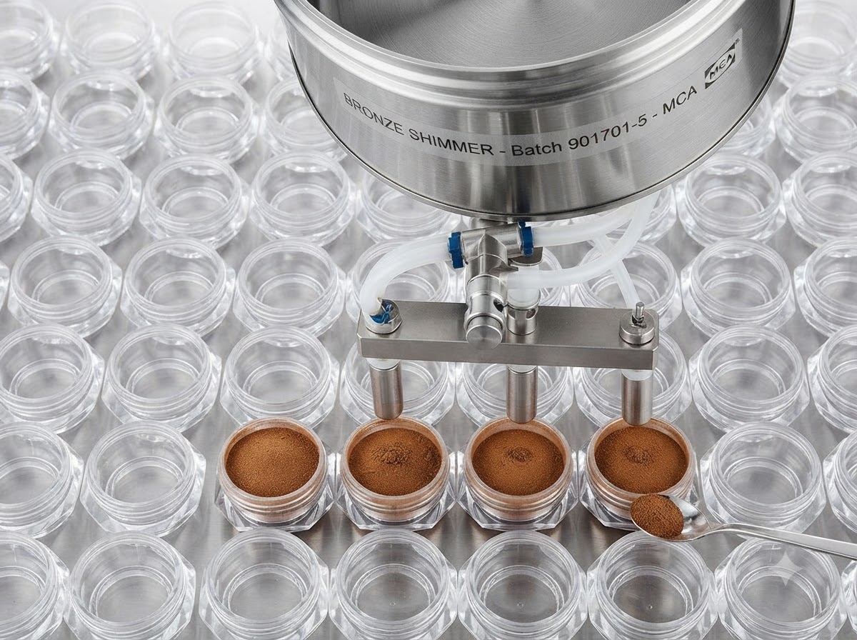 Mechaniczne stanowisko do napełniania pudrem dozujące brązowy puder lustrzany do siatki małych, otwartych plastikowych słoiczków.