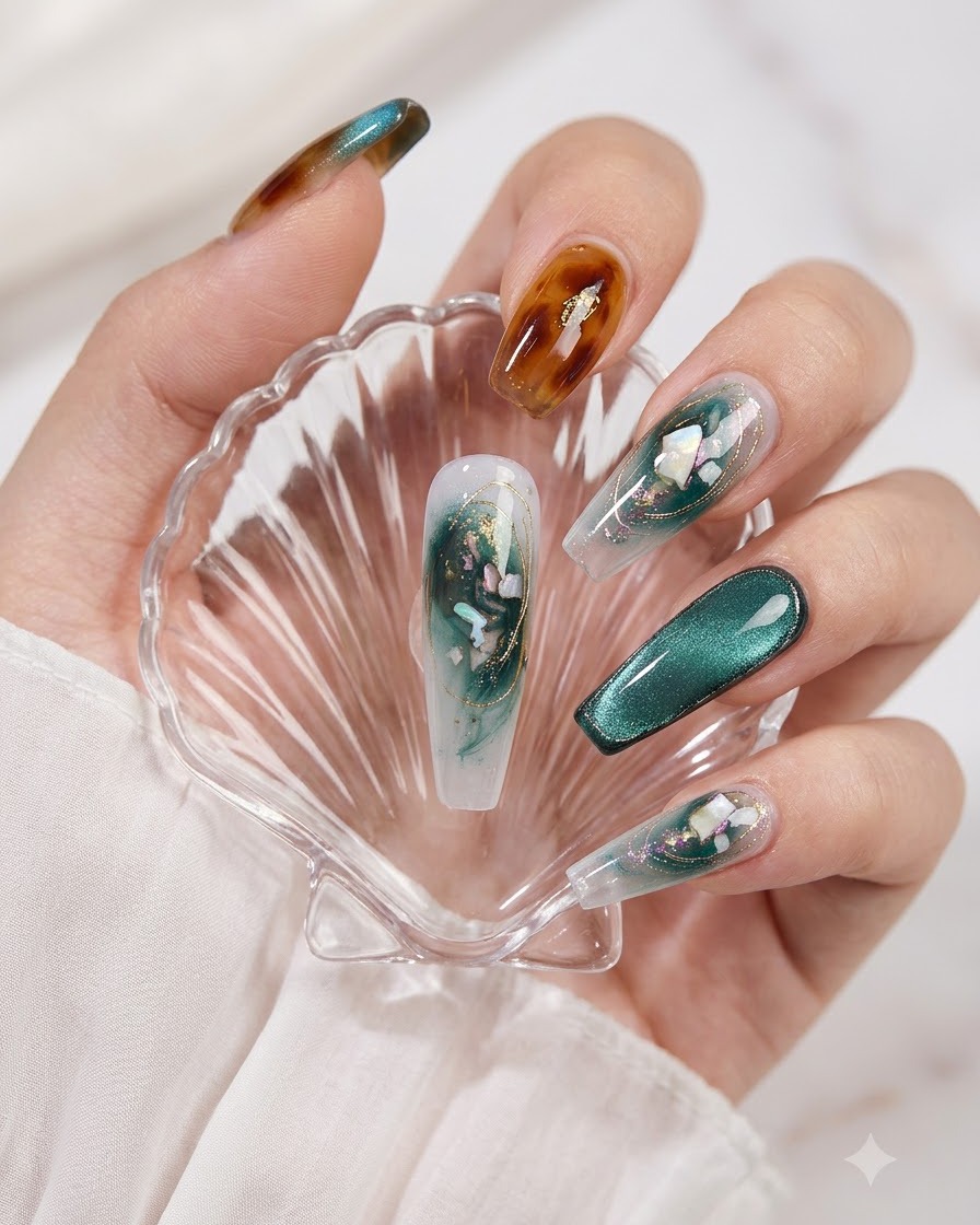 Pędzelek do manicure aplikujący metaliczny chromowany pyłek typu magiczny mirror na utwardzone akcenty zdobienia paznokci.