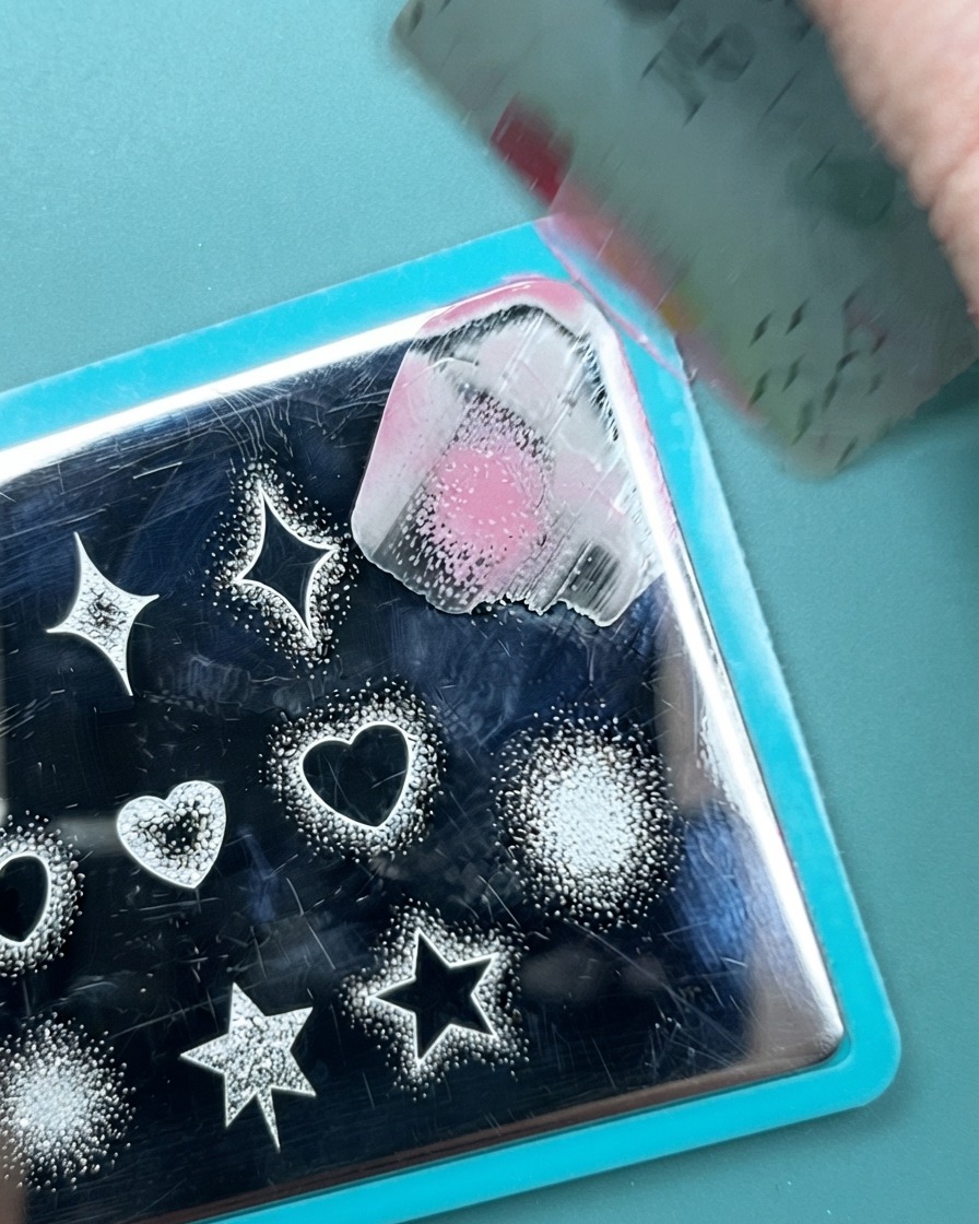 Przezroczysty silikonowy stempel odbijający różowy gradient w kropki na pomalowanym na neonowo-zielono paznokciu.