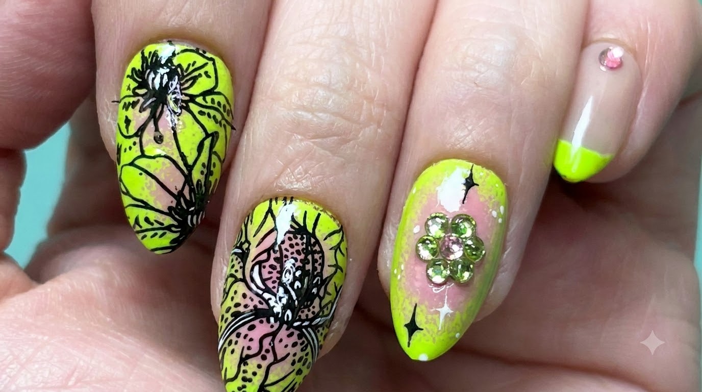 Neon Zielone i Różowe Ombré — Tutorial na Paznokcie z Motywem Kwiatowym