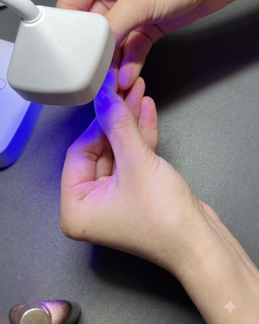Przenośna biała lampa UV utwardzająca przezroczystą końcówkę paznokcia żelowego na palcu w fioletowym świetle.