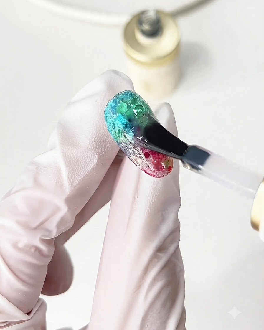 Pędzelek nakładający lśniący top coat na teksturowany, wielokolorowy szklany manicure brokatowy.