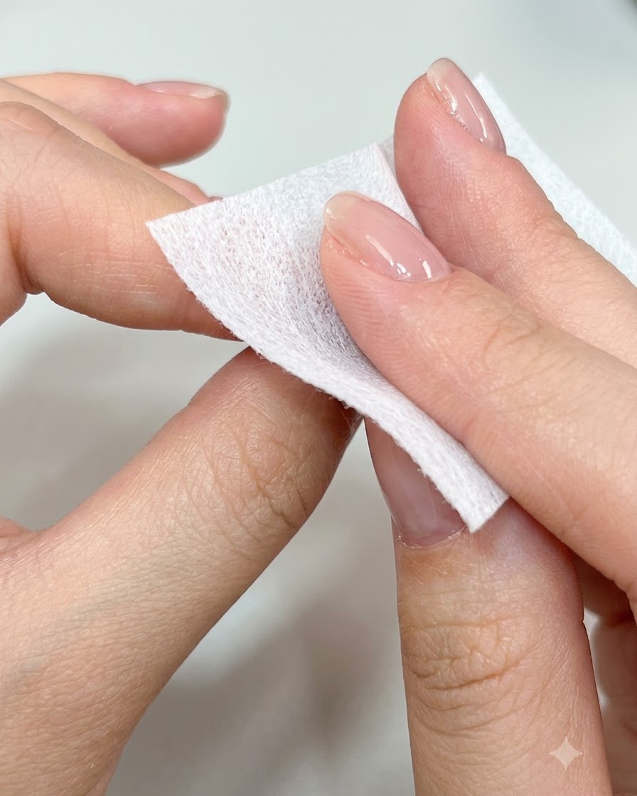 Dłoń używająca wacika nasączonego cleanerem do przetarcia lśniącej powierzchni wymodelowanego paznokcia.