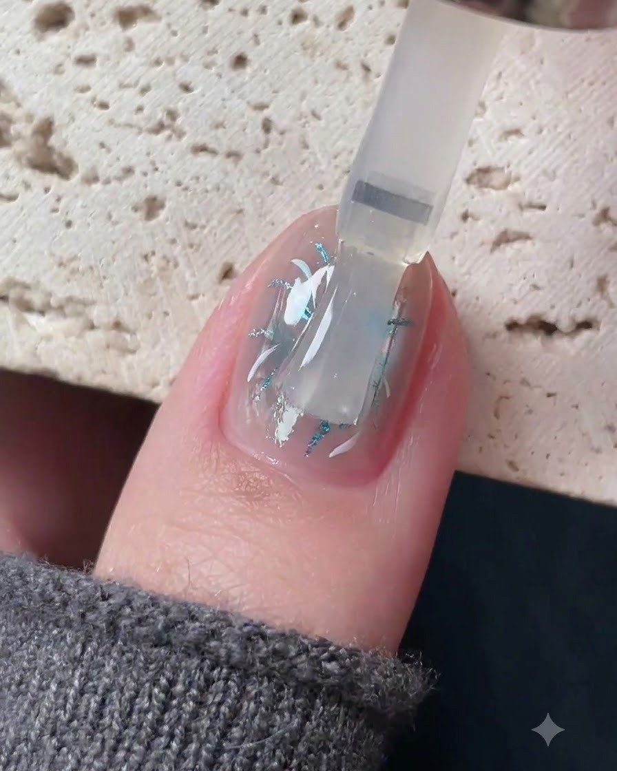 Pędzelek aplikujący bezbarwny, samopoziomujący top coat na szczegółowy wzór nail art.