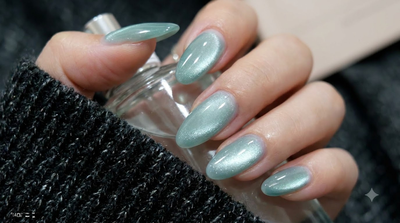 Zielone paznokcie z efektem Cat Eye typu Glass Bead — Tutorial z trendami z przełomu sezonów