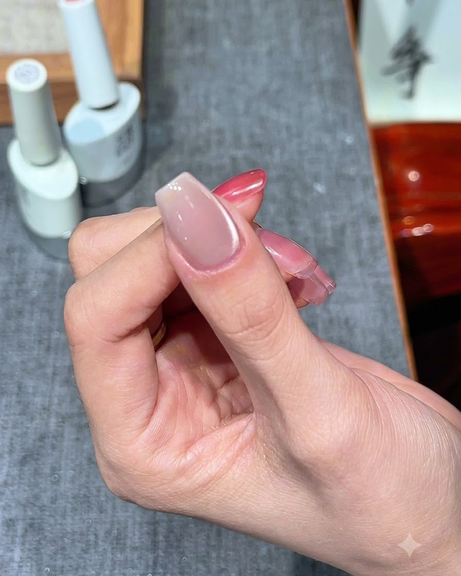 Paznokcie utwardzane pod lampą UV/LED po aplikacji cat eye.