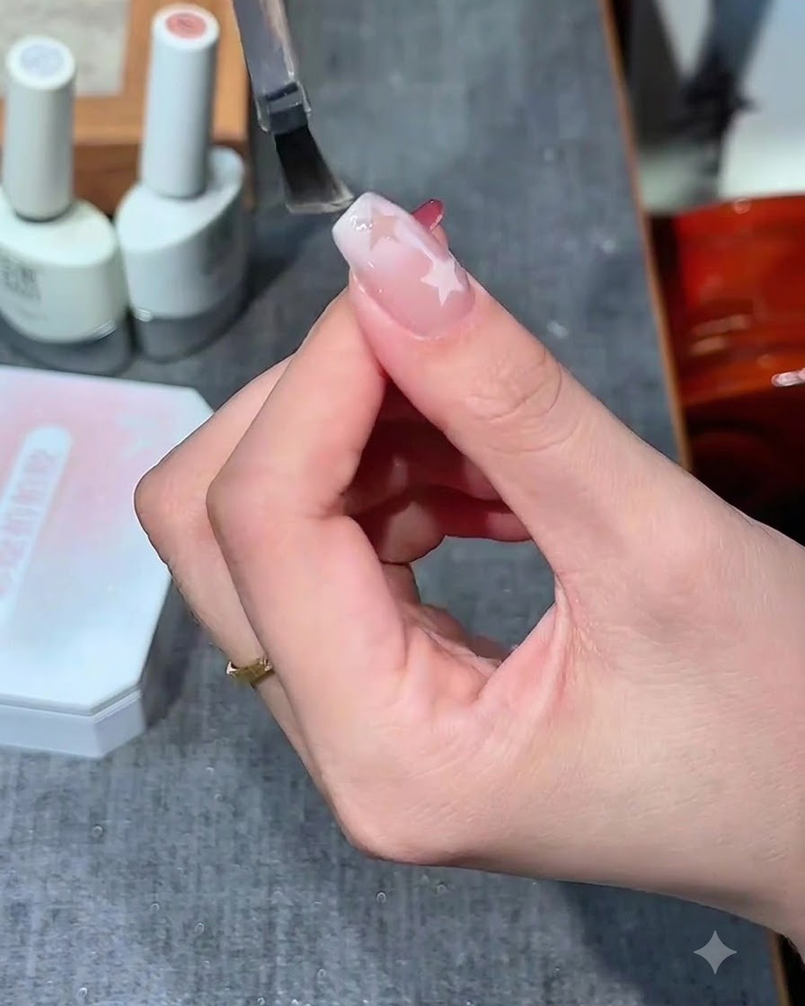 Pędzelek do paznokci nakładający bezbarwny, błyszczący top coat na wzór paznokcia z gwiazdami.